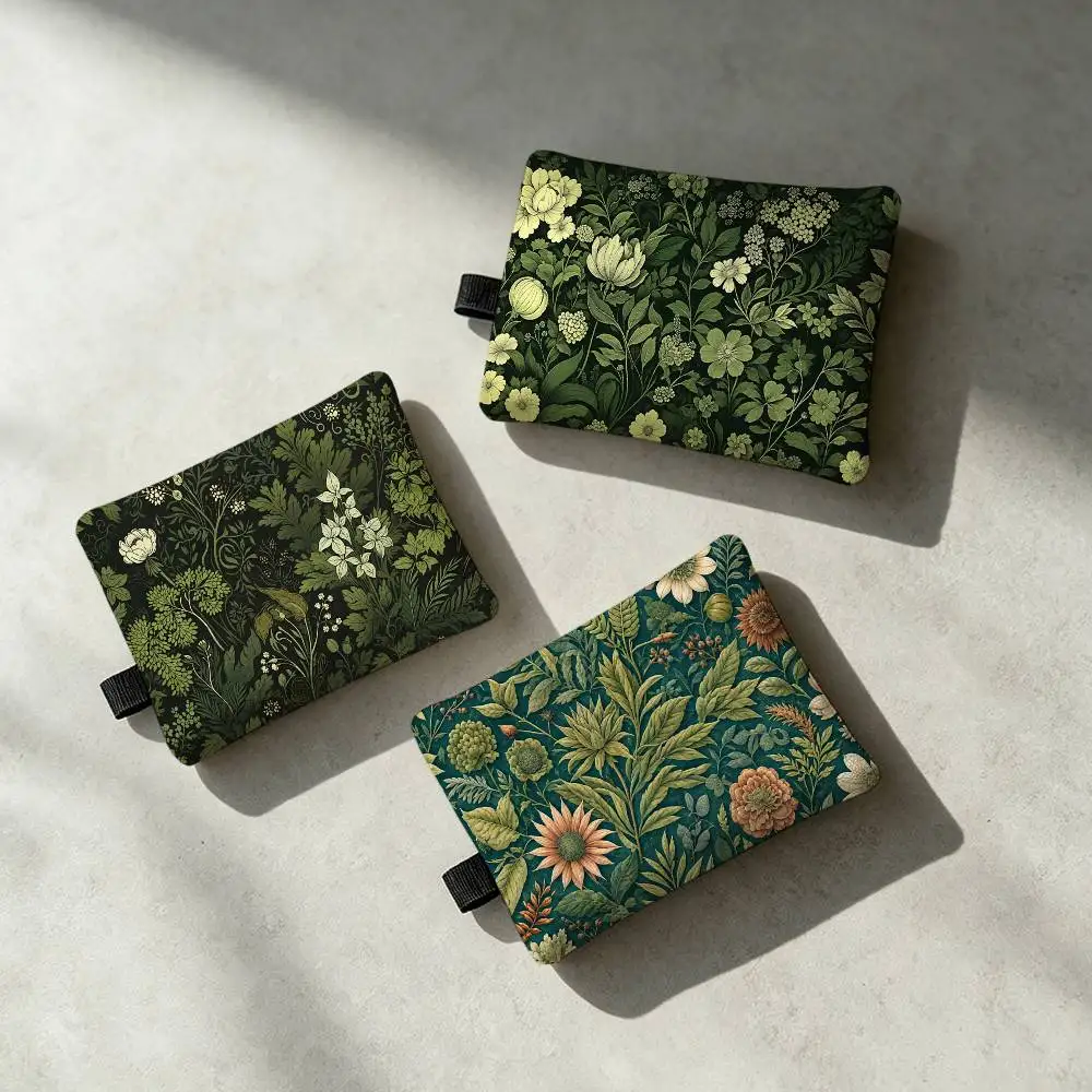 Botanical Green Floral Plant Mini Hanging Oxford Cloth Coin Bag Durable Zipper Key Card Pouch With Carabiner