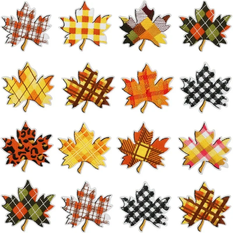 Autumn Check Pattern Maple Leaf Iron-on Sew Embroidery Badge Patches DIY Apparel Sewing Supplies Clothing Appliques Sticker