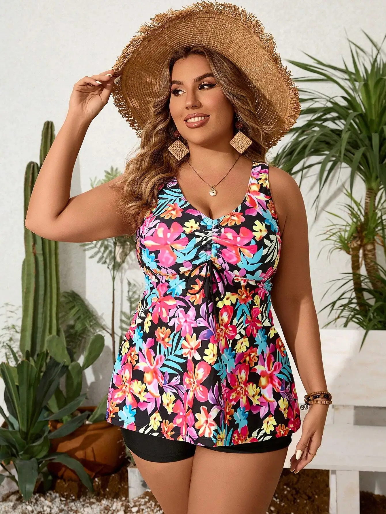 

Летний пляжный комплект танкини с цветочным принтом для женщин больших размеров