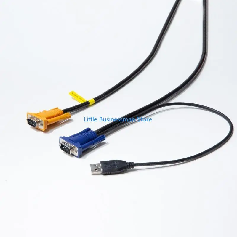 USB VGA KVM Cable with USB-A and Two 15 Pin VGA Ends, 1.8 m Bundled Wire for KVM Device Use with Video and Data Cable Routing