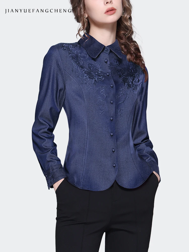 Vintage Embroidered Women Blue Denim Cloth Shirt 2023 Autumn Long Sleeve Turn-down Collar Ladies Blouse Elegant Slim Button Tops