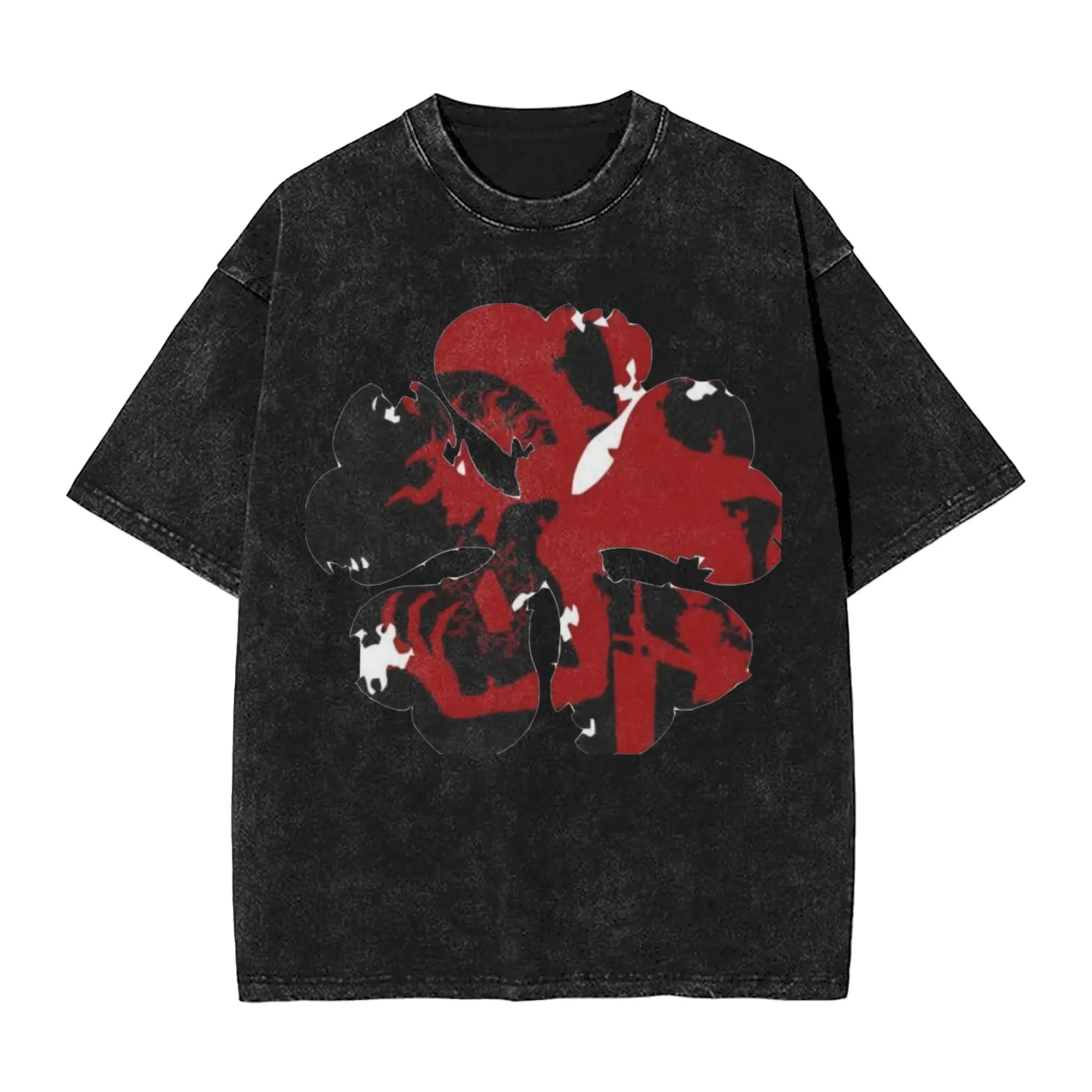 Vintage Washed T Shirt five leaf Black Anime Clover Loose T-Shirts  Trending Tee Shirt for Male Summer Aesthetic Casual Top Tees