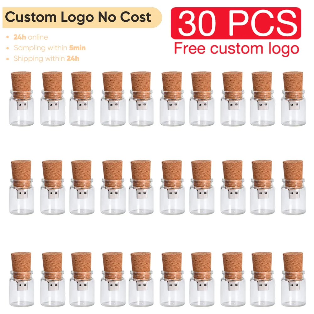 30pcs New Arrival Messenger Bottle Usb 2.0 Memory Stick Glass Drift Bottle Usb Flash Drives Wooden Cork Pendrive 16GB 32GB 64GB