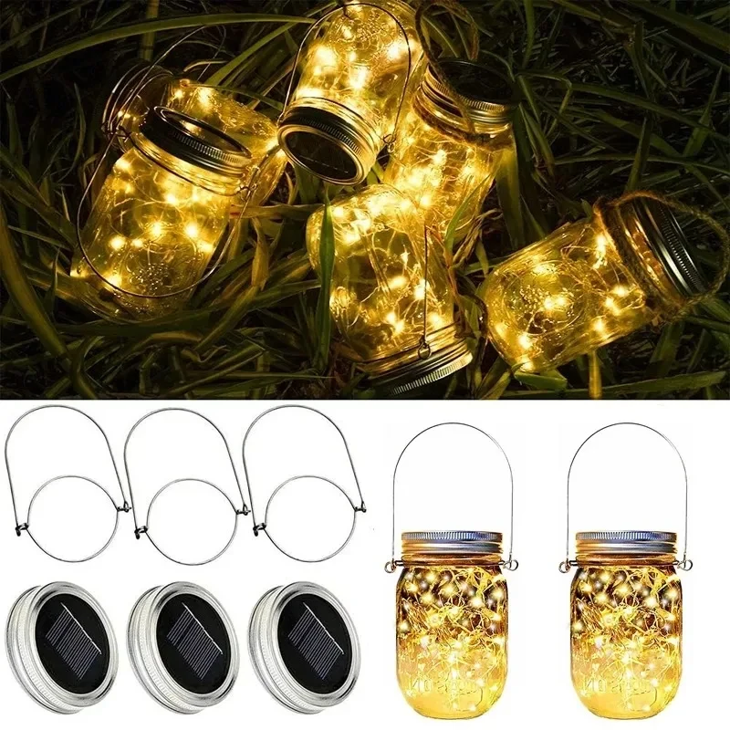 20 LED Solar Mason Jar Lights Waterproof Fairy Firefly Jar Lid with Handles Lights For Patio Garden Wedding Decoration (No Jar)
