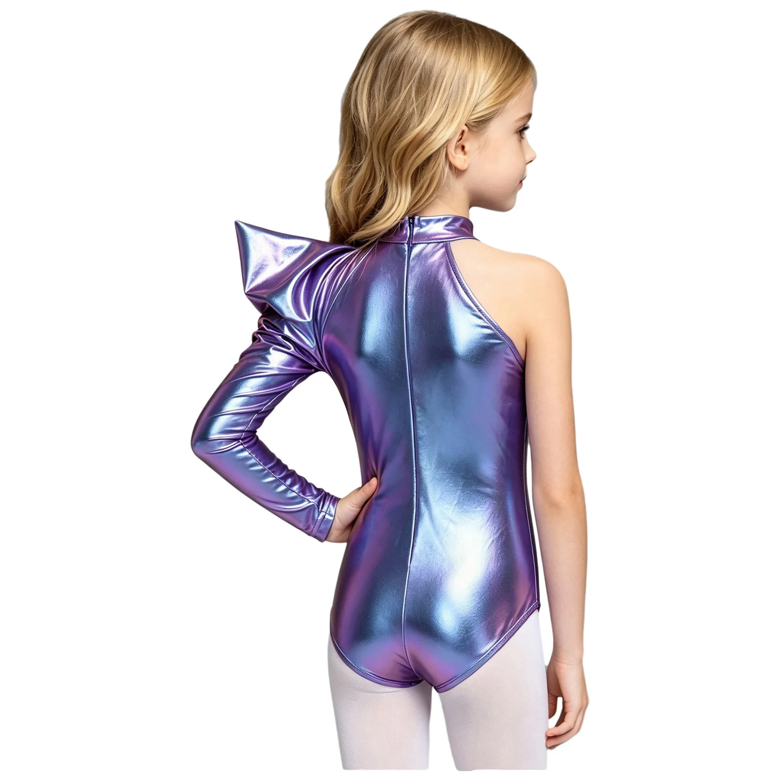 Kids Girls Ballet Gymnastics Leotard Alien Costume Asymmetrical Metallic Bodysuit Dramatic Long Sleeve One Shoulder Bodysuit