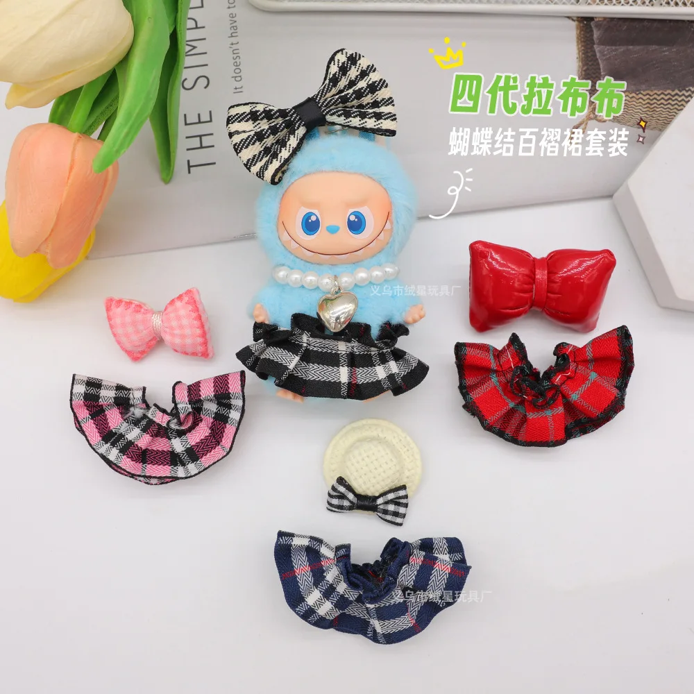 Vêtements de poupée pour poupées Labubu 4e génération 4.0, 10cm, jupe en Tulle à carreaux à pois avec nœud, accessoires pour cheveux, petit cadeau mignon