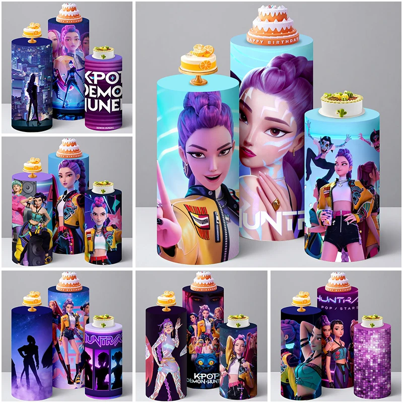 

K-POP Demon Hunter Cylinder Covers Backdrop Kids Girl Party Decoration BabyShower Cake Stand Plinths Pedestal Backdrop Cover