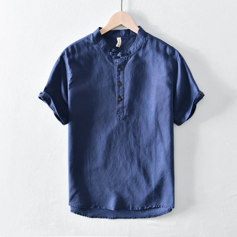 Chines Style Men Linen Cotton Shirt Harajuku Pullover Half Open Short Sleeve Tee Shirts Man Solid Color Breathable Tops Shirts