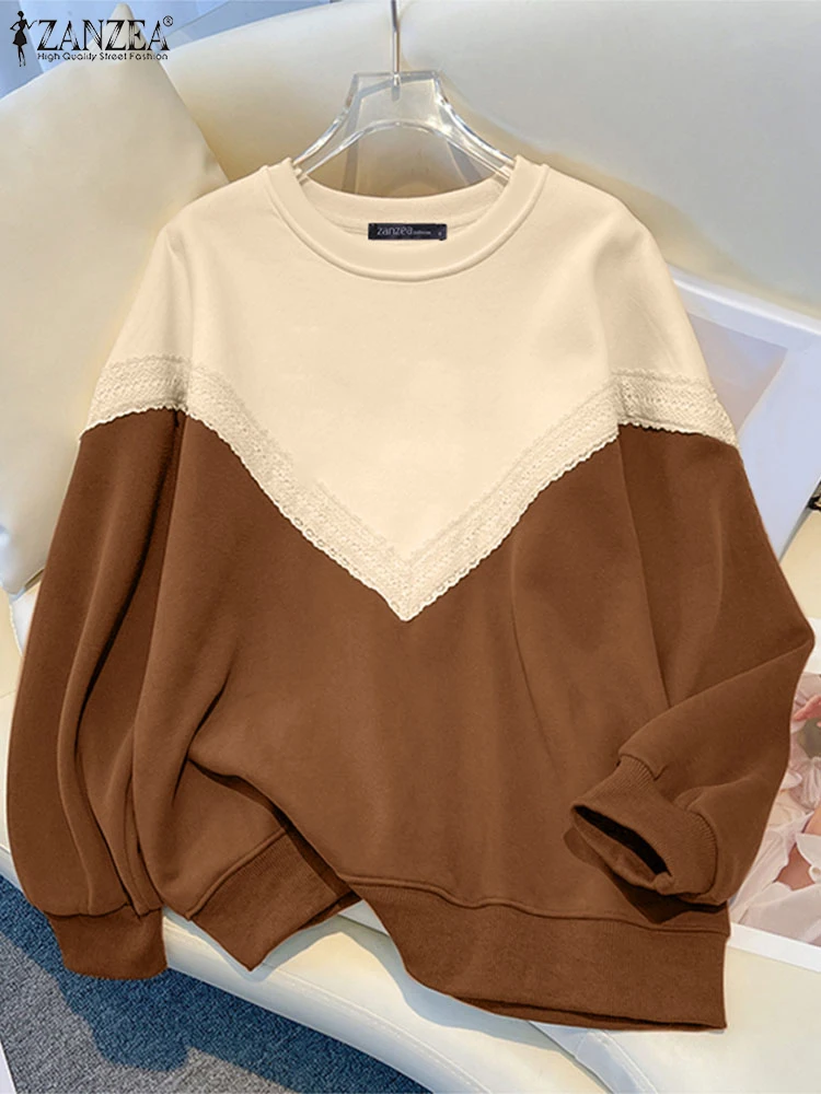 Women Color Patchwork Sweatshirts ZANZEA Fashion Drop-shouler Korean Pullover Vintage Lace Stitching Tops Holiday Autumn Jumpers