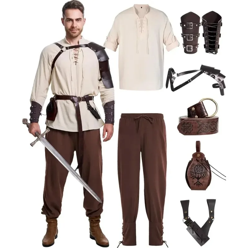 Traje medieval renacentista para hombre, disfraz de pirata o vikingo de 8 piezas, traje de caballero para cosplay, ideal para fiestas de Halloween, juegos de rol de la vida real (LARP) y ferias renacentistas.