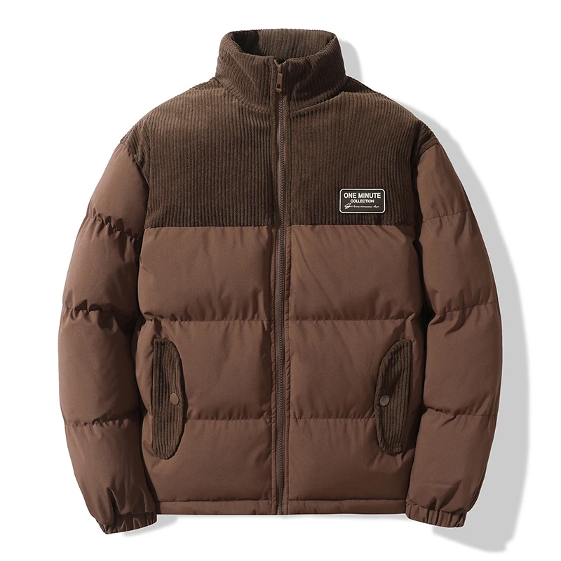 Corduroy Patchwork Embroidered Cotton Padded Jacket Men Winter Thicken Vintage Overcoat Tops Warm Parkas Stand Collar Loose Coat