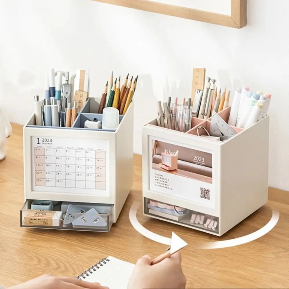 360 ° Rotary Pen Holder Large Capacity Desk Calendar Pencil Storage Box 4 Compartments Multi-Function Desk Finishing Container