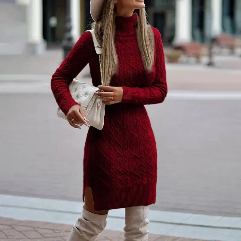 Hooggesloten trui-jurk Dames Nauwsluitende lange herfst- en winterwarme trui-jurk Bodycon-jurk met lange mouwen en hoge taille