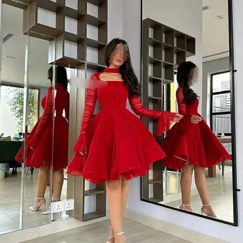 Vestidos de fiesta cortos árabes de manga larga rojos Halter una línea de gasa vestidos de cóctel formales personalizados trajes de mujer fiesta de