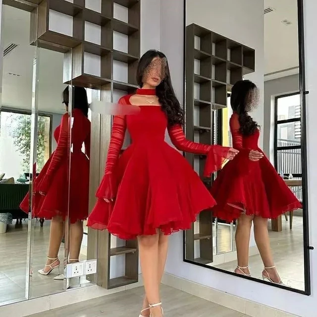 Long sleeve red short dress hotsell