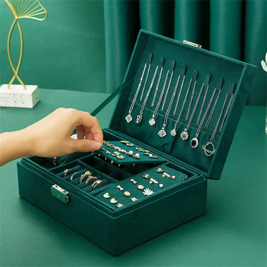 

Vintage Jewelry Display Box Double Layer Velvet Pendant Necklace Bracelet Earring Ring Watches Storage Boxes Jewellery Organizer