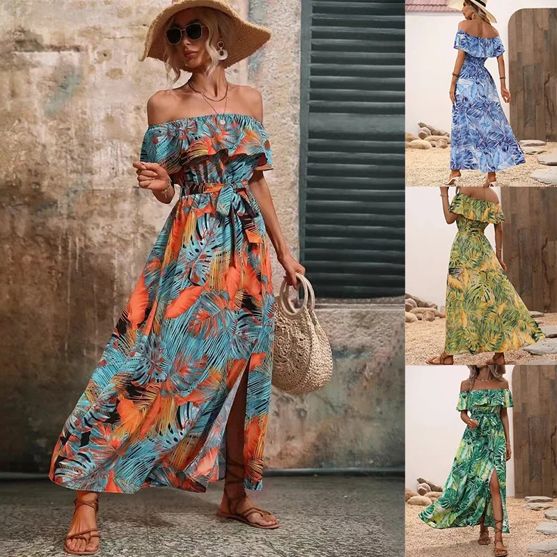 

Fashion Printed Sexy Off-shoulder Slit Long Skirt For Women Ruffle Lace-up Beach Holiday Dress Elegant Temperament Women's Vest