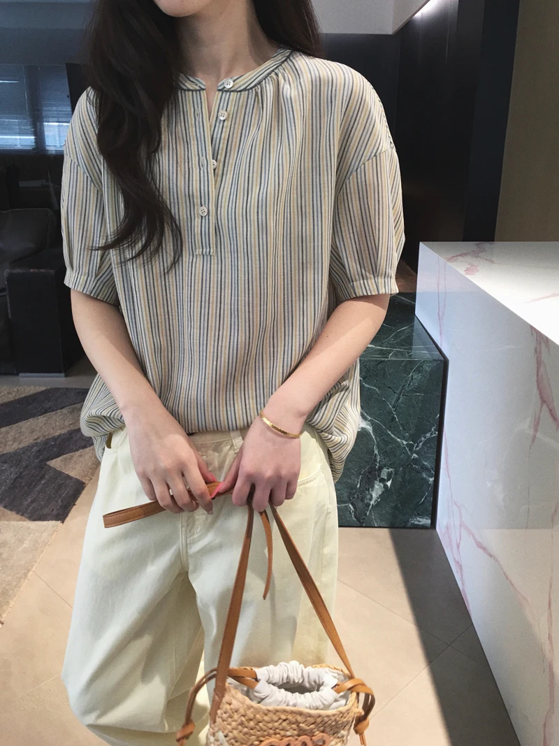 

Cuijia Wool Polyester Colored Weave Stripe Henry Collar Short Sleeve Shirt Casual Style Cotton Polyester Blend Breathable Ski...