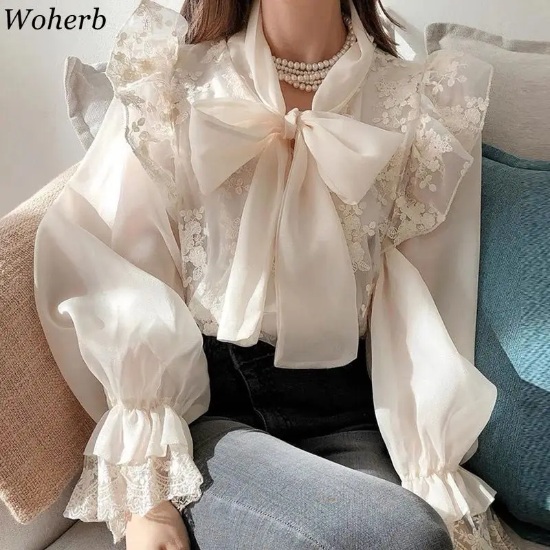 Korean Embroidery Flower Blouses for Women V-neck Bandage Shirts 2024 Blusas Mujer De Moda Vintage Elegant Flare Sleeve Blouse