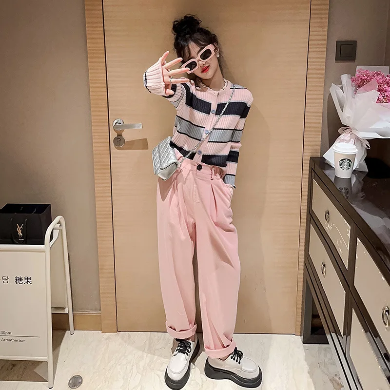 

2024 Korean Spring Autumn School Girl 2-Piece Sets Junior Girl Striped Single-breasted Knitteed Top+Straight Pants Set For Girl