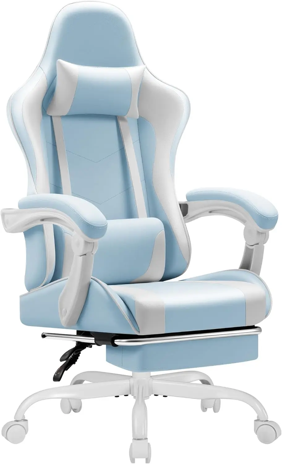 Gaming Chair with Footrest, Massage Lumbar Support, 360° Swivel, Height Adjustable, Blue White