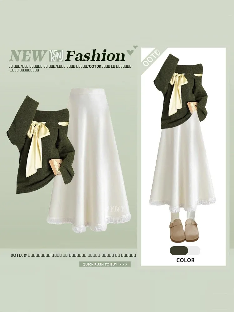 

Модный вязаный комплект из свитера и юбки с бантом, дизайн на одно плечо, для женщин, осень-зима, юбка миди с высокой талией