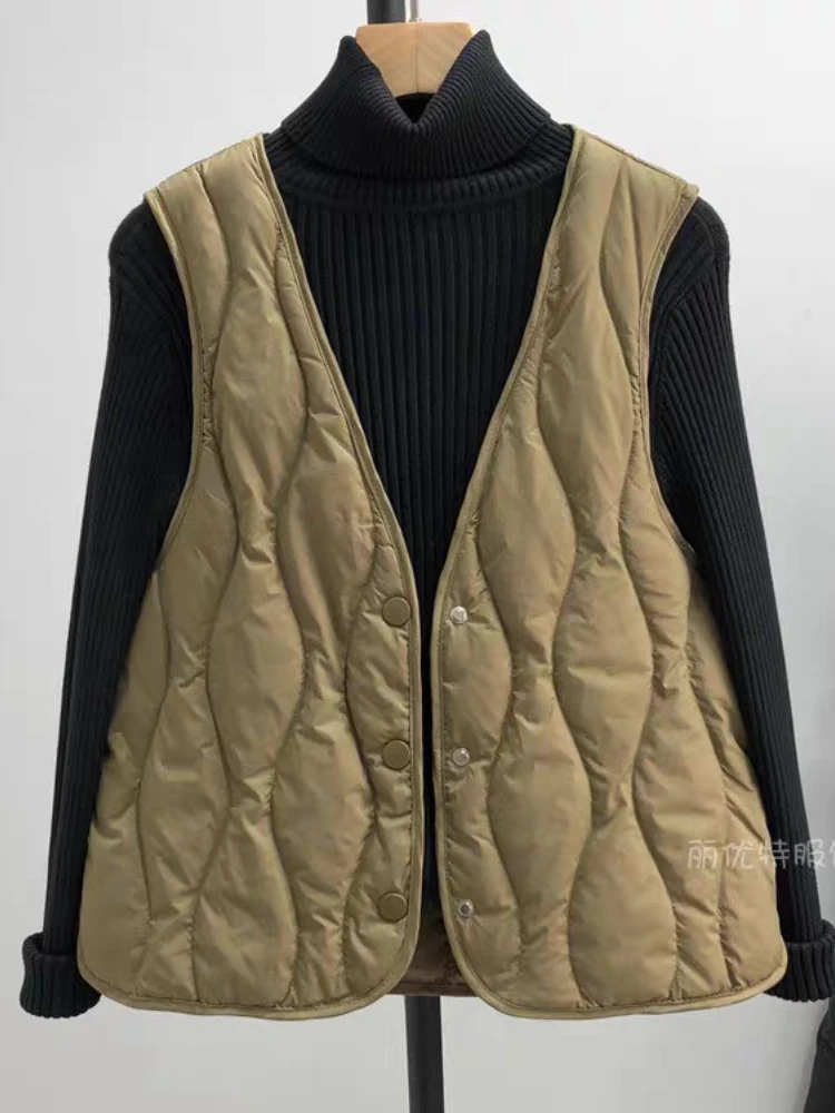 여성용 가벼운 다운 베스트 재킷 가을 겨울 짧은 마름모꼴 V넥 민소매 따뜻한 코트 90 화이트 덕 푸퍼 베이스 탱크탑 아우터