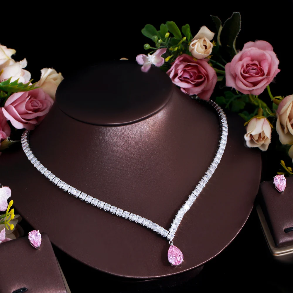 CWWZircons Elegante Glänzende Rosa Kubische Zirkonia Wassertropfen Hochzeit Verlobung Party Halskette Brautschmuck-Sets Accessoires T0926 – Detail 3