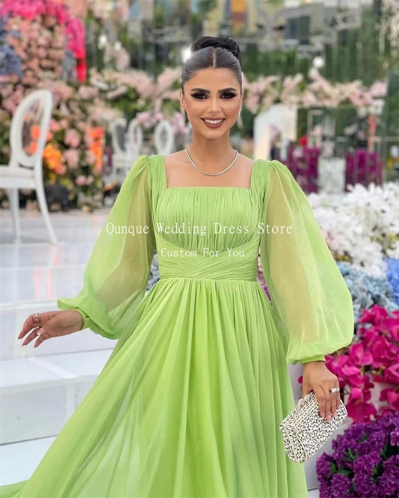 Qunque Mint Green Chiffon A Line Prom Dresses Customized Pleat Ruch Long Formal Occasion Dresses Vestidos De Gala Party Dresses