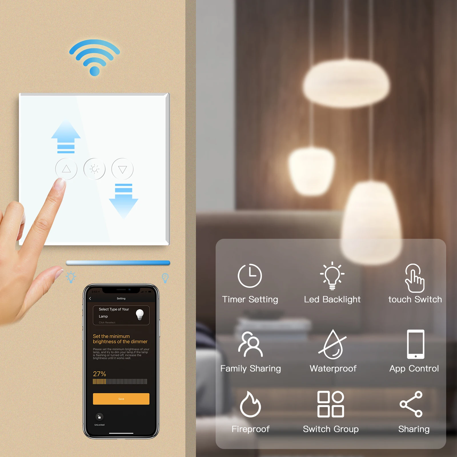 BSEED Wifi Dimmer Switch 1Gang Smart Touch Switch Up Down Tuya Smart Life App Alexa con presa a muro ue porte USB di tipo c