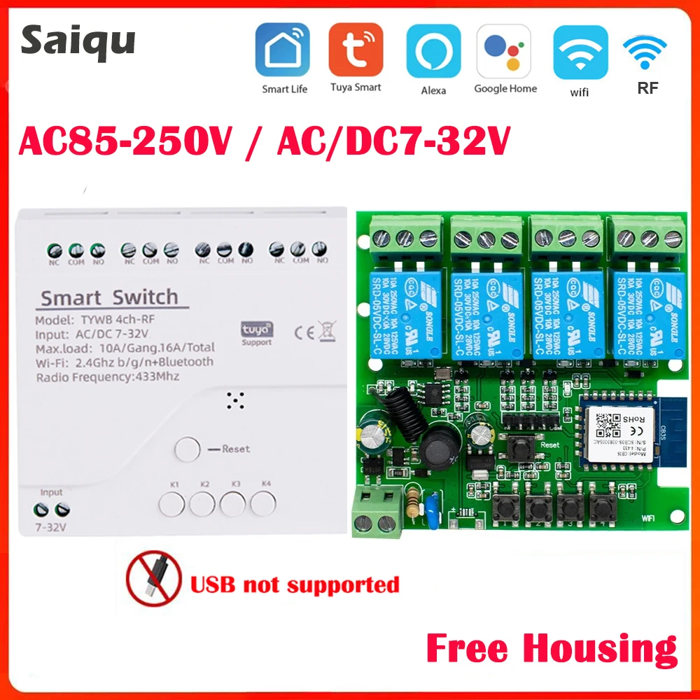 4CH Zigbee Tuya inteligentny moduł przekaźnika domowego 85-250V przekaźnik AC DC 7-32V 85-250V działa Alexa Google Assistant inteligentny włącznik światła