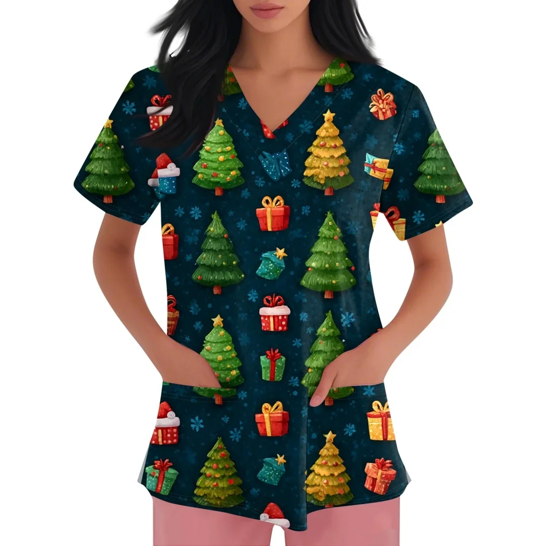 Novo natal feminino uniformes médicos boneco de neve dos desenhos animados impressão dentista esfrega casual manga curta enfermeira uniforme bolsos topos cirúrgicos