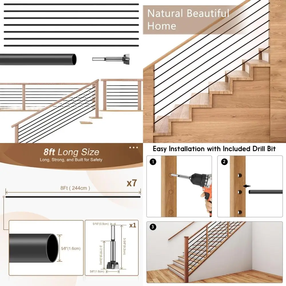 

7 Pack 8ft x 5/8in Round Matte Black Hollow Iron Stair Balusters for Indoor Staircases