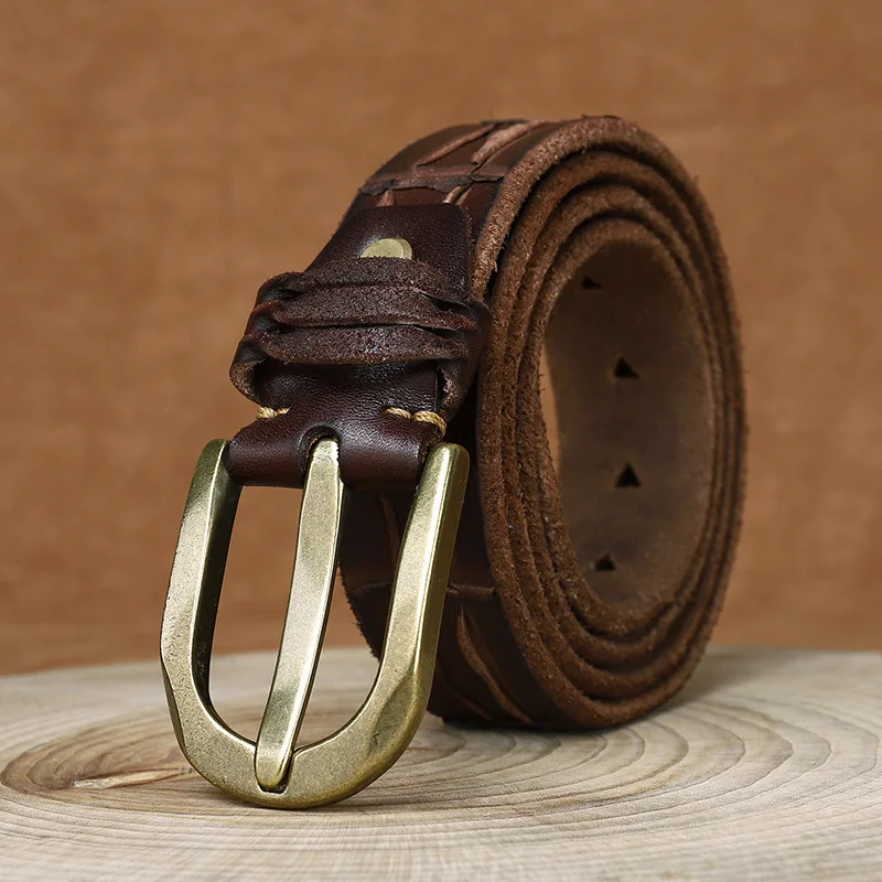 Niche personalized knife mark thickened first layer cow belt men's denim genuine leather pin buckle trousers belt