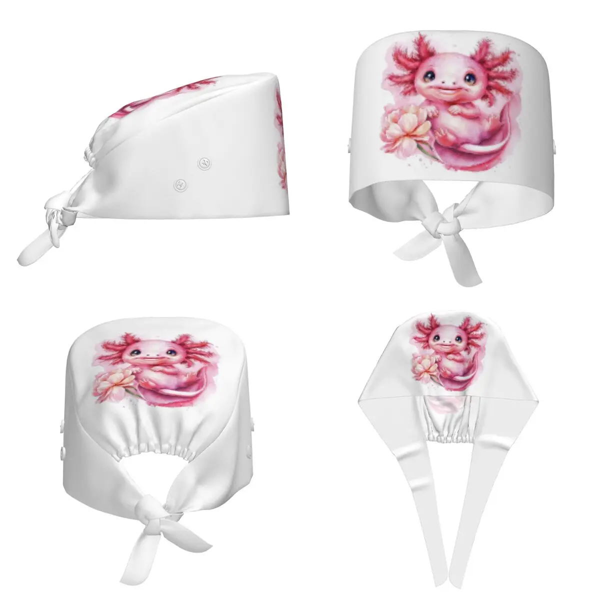 Cartoon Pink Axolotl Salamander And Pink Flowers Scrub Hat Doctor Working Surgical Cap Unisex Nursing Caps for Dentist