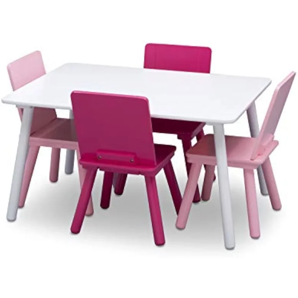 Houten Tafel-En Stoelenset Voor Kinderen (Inclusief 4 Stoelen)-Ideaal Voor Knutselen, Snacktijd, Thuisonderwijs, Wit/Roze