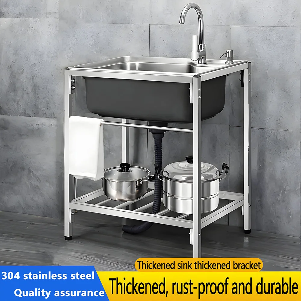 304 Stainless Steel Single Bowl Utility Sink Set,Commercial Restaurant Kitchen Sink,Outdoor Sink with Workbench & Storage Shelve