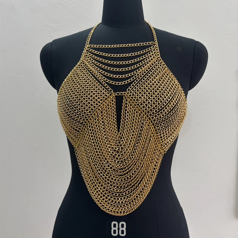 Damen Metall-Kettenhemd-Top, Sexy Ausgeschnittenes Rückenfreies Körperketten-Crop-Top für Rave-Festival-Party-Clubwear in Gold- und Silberfarben – Detail 3