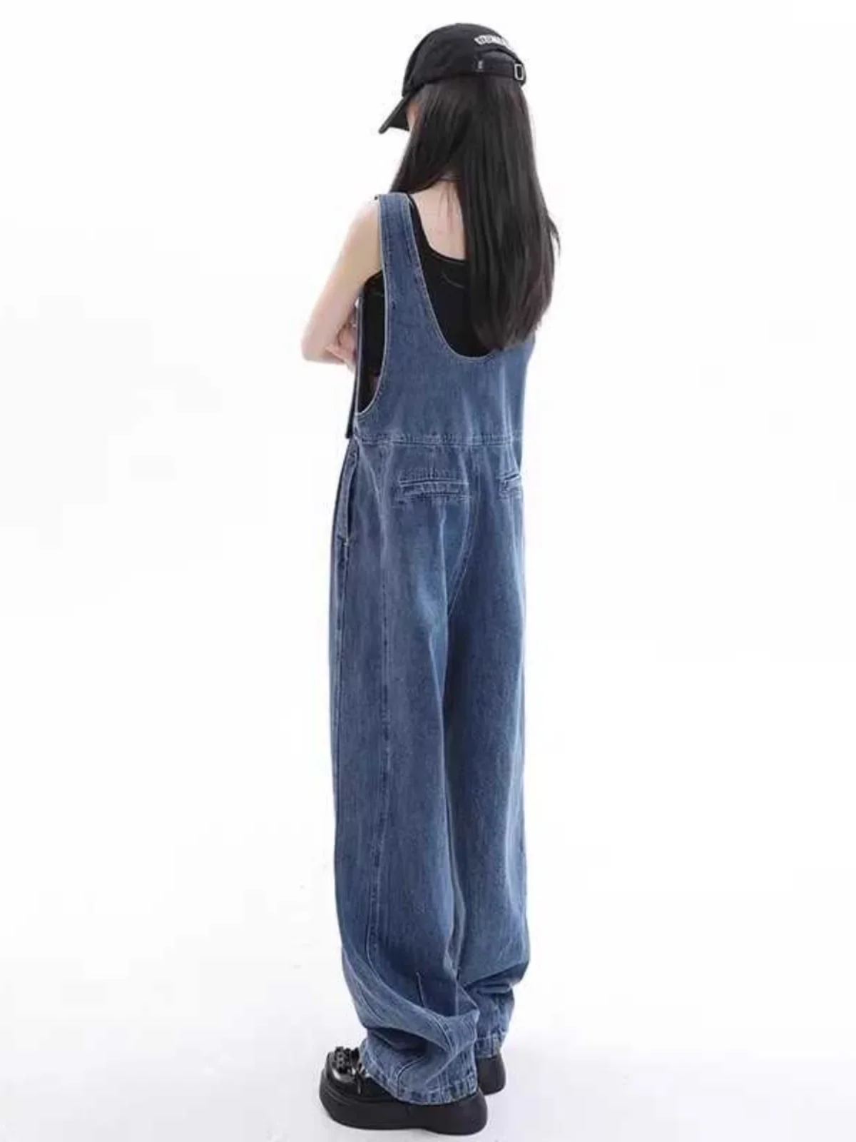 Womens Blue Vintage Suspender Jeans Fashion Pocket Baggy Straight Pants Streetwear Casual Wide Leg Denim Trouser Ladies Autumn