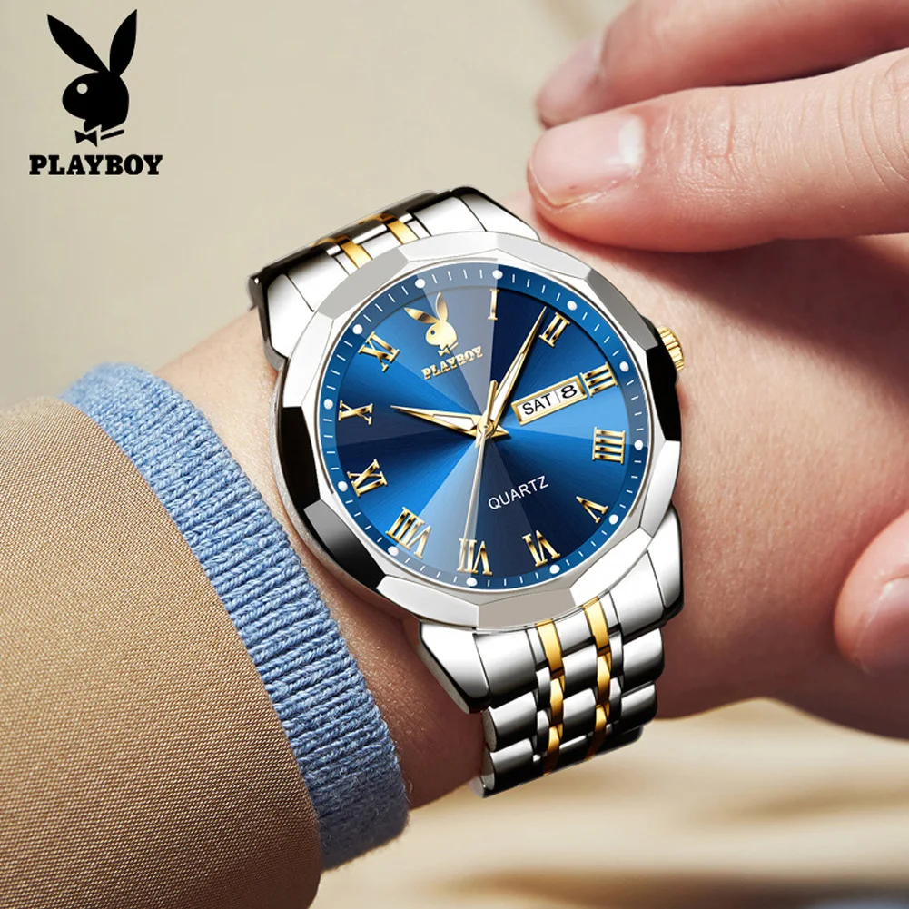 PLAYBOY Casual Fashion Business Men Watch High Quality Stainless Steel Waterproof Dual Calendar Luminous Quartz Watches for Men