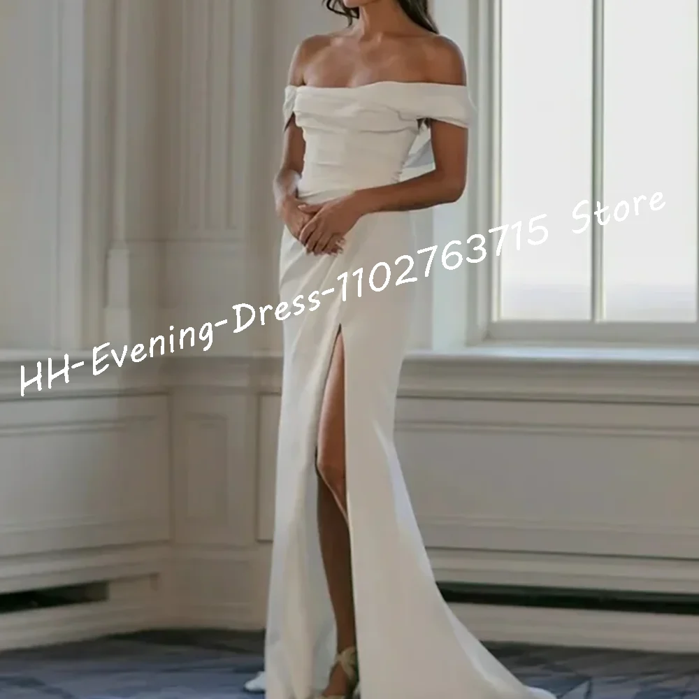 Vestidos de noche formales plisados con abertura lateral y hombros descubiertos de satén clásico vestidos de fiesta de graduación personalizados
