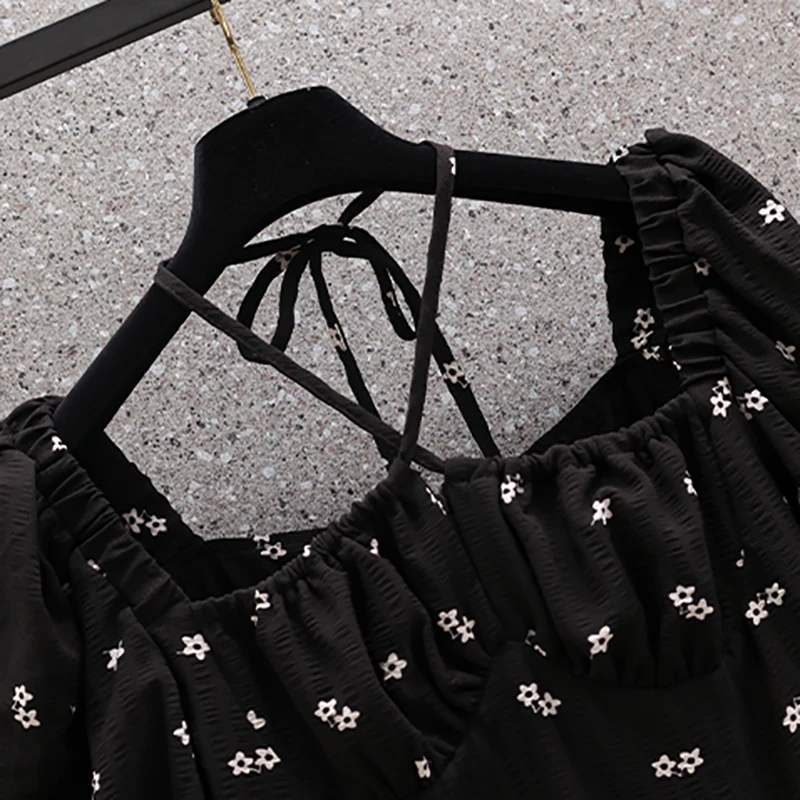 فستان متوسط الطول بياقة مربعة زهرية للنساء ، كوري كلاسيكي ، هيبورن ، مثير ، أنيق ، ملاصق للجسم ، غير رسمي ، حفلة ، صيف ، أسود ، صيني #4