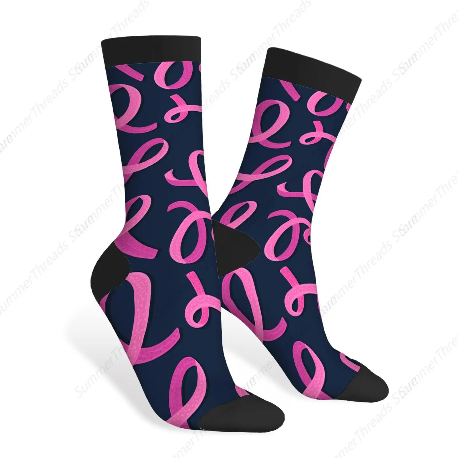 Pink Ribbons Funny Socks Symbol of Breast Cancer Awareness Curl Satin Survivor Hope Novelty Casual Crew Socks Contrast Color(16)