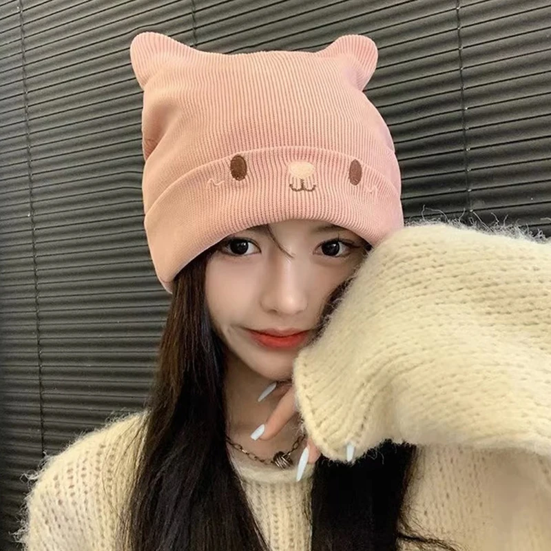 Cute Cat Embroidered Knitted Hat Outdoor Warm Ear Protection Cat Ear Wool Hat Over-the-head Cold Hat Street Beanie Penny Hat