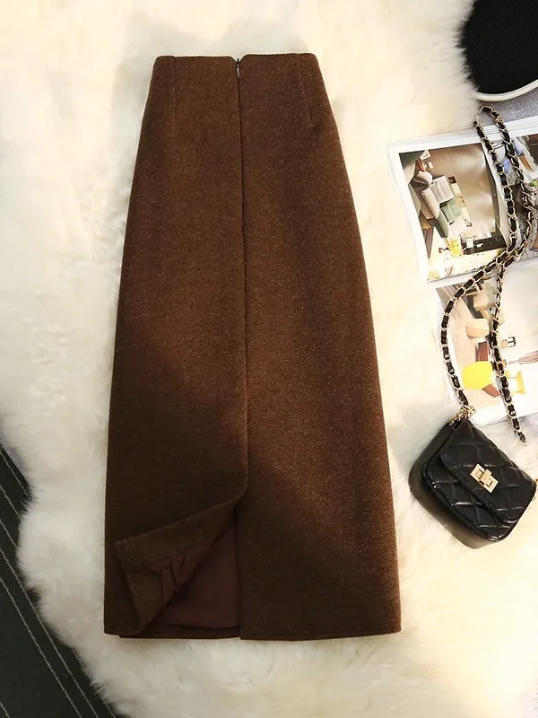 تنورة صوفية قصيرة بنية اللون عالية الخصر للنساء، تنورة خريفية وشتوية على شكل حرف A مع شق، تنورة كورية الطراز للعمل