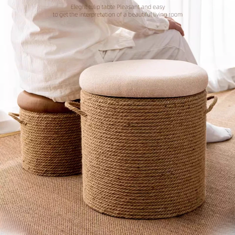 

Табурет из натуральной веревки, сиденье для обуви ручной работы с местом для хранения, портативные табуретки для смены обуви прихожей, низкий пуф для балкона