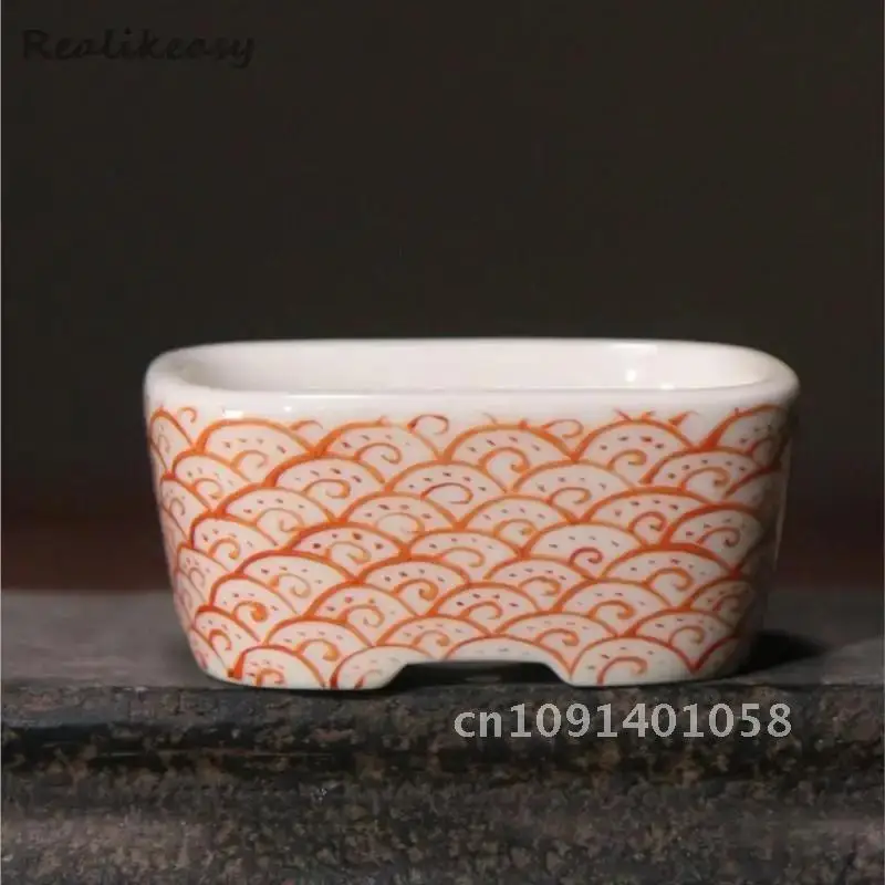 2Sizes Chinese Purple Sand Flower Pot Hand-painted Japanese Square Glazed Ceramic Bonsai Pot Mini Pot Succulent Flower Pot LF173