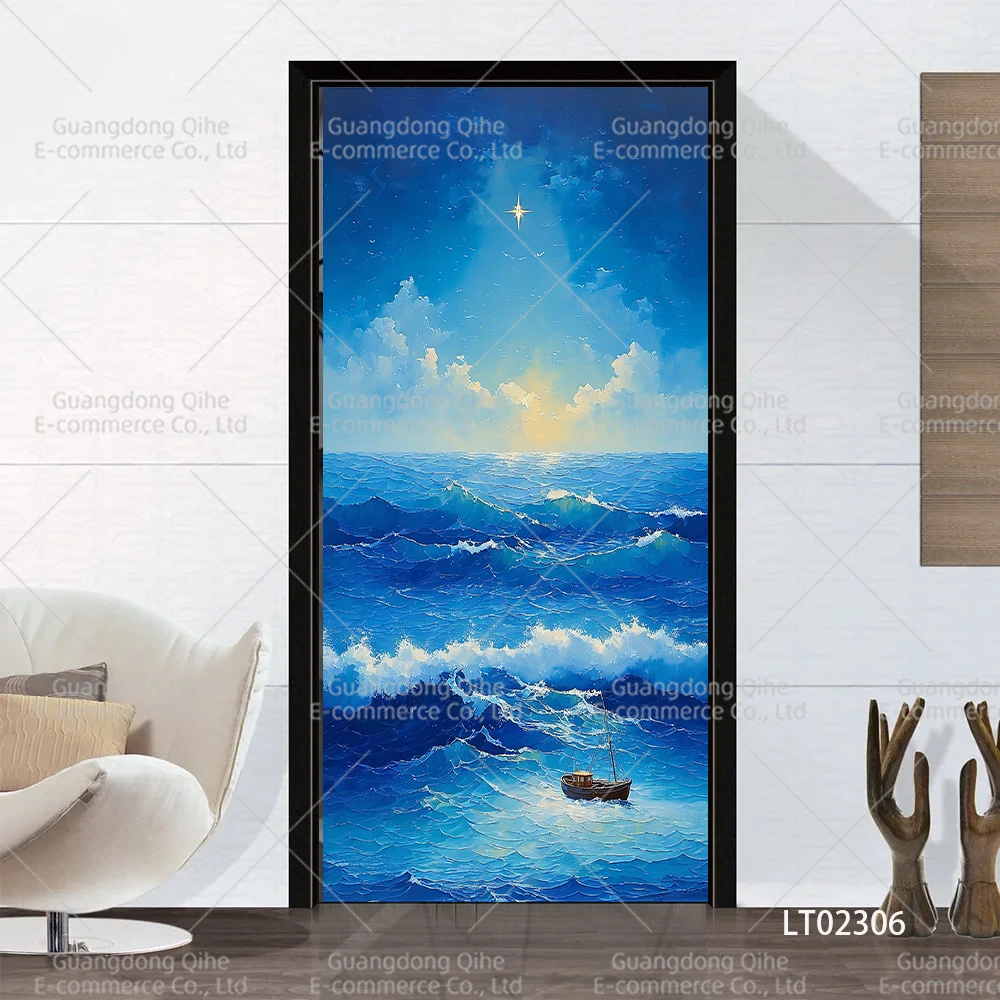 Tulip Cat Cherry Blossom Scenery Decorative Door Sticker Full Door Covered Wallpaper Self-adhesive Sticker Wall Decals Crafts