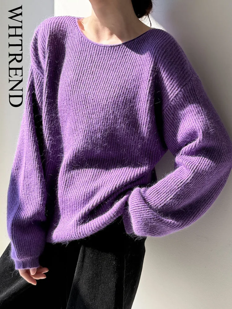 

WHTREND осень-зима корейский стиль однотонный шерстяной мех кролика мягкий вязаный свитер женский свободный повседневный пуловер топ WH1690