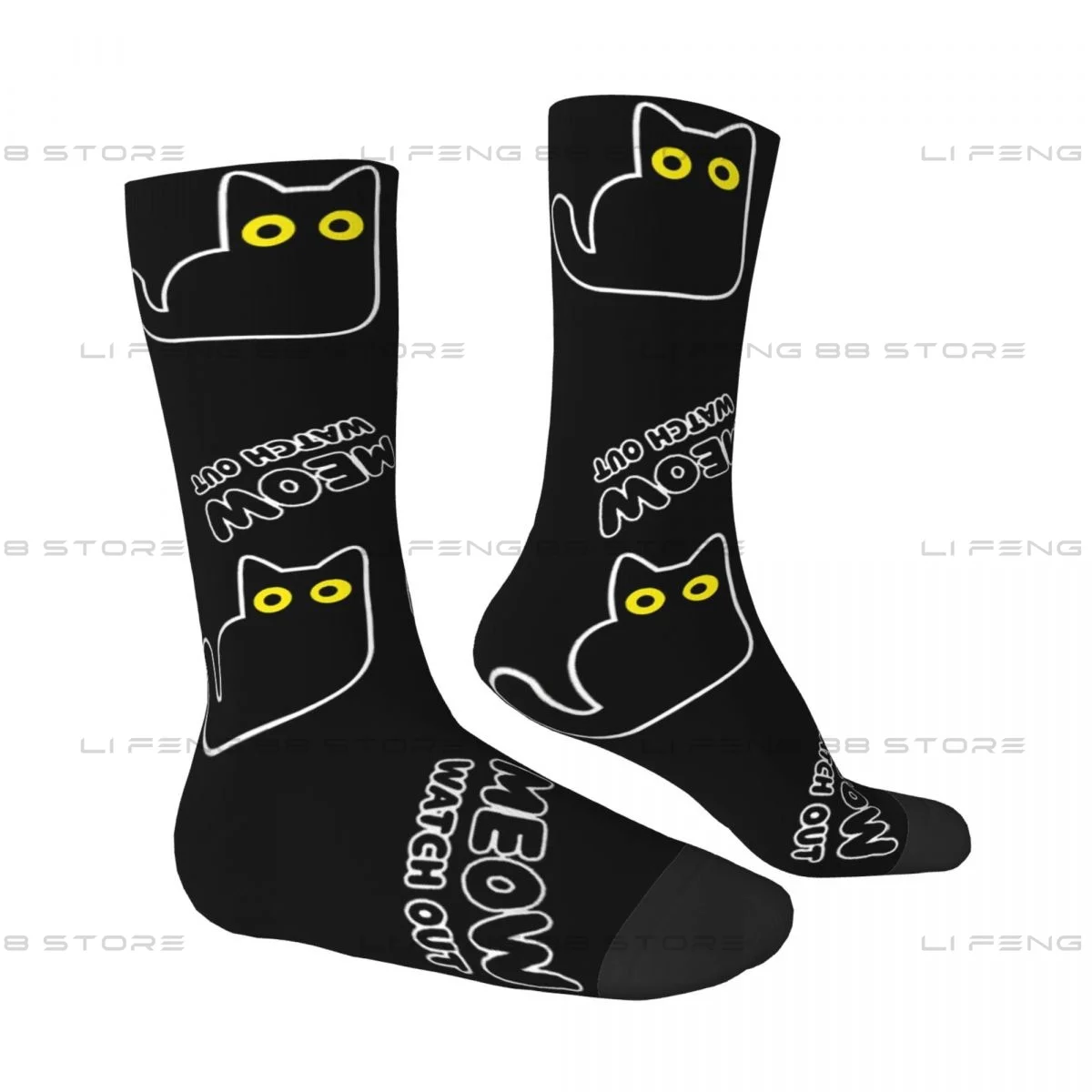 Meow, Watch Out Black Cat Unisex Winter Socks Hiking Happy Socks Street Style Crazy Sock